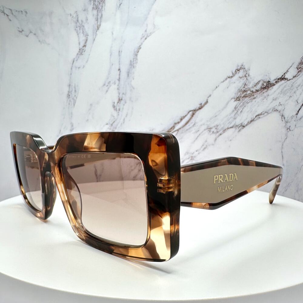 New PRADA Sunglasses Brown Beige Caramel Tortoise Gold Symbole Womens Rectangle - Picture 9 of 16